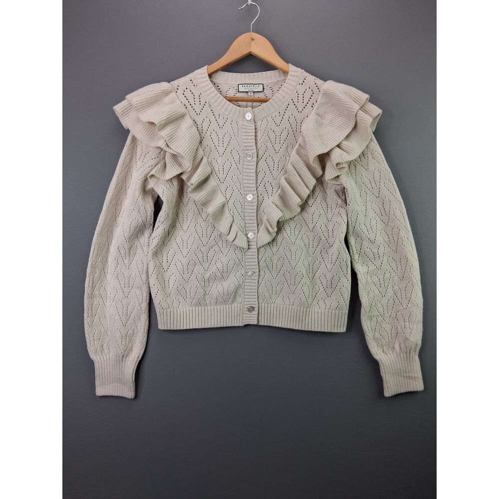 Bagatelle Cardigan Sweater Ruffle Pointelle Knit Medium Cream Button Up 1808